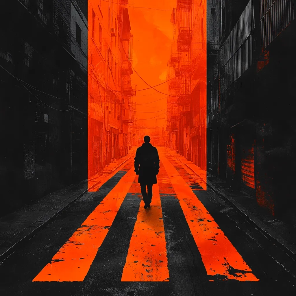 A solitary figure, silhouetted in black, walks down a narrow, urban alley.  The street is strikingly bisected by bold, orange-painted stripes, creating a stark contrast against the dark, gritty architecture. The buildings loom tall, their details obscured by shadow, enhancing a sense of mystery and isolation. The vibrant orange backdrop of the alley suggests a fiery, intense atmosphere.  The overall impression is one of urban loneliness and a potentially dangerous or ominous journey.