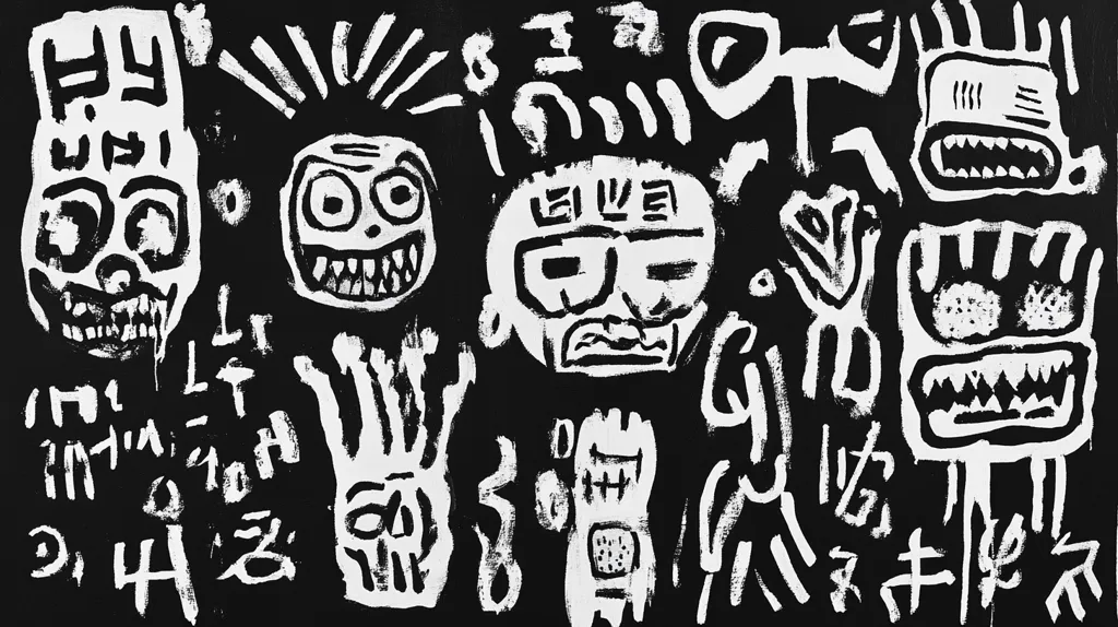 A black and white artwork explodes with energetic, expressive figures.  Roughly painted, the piece features numerous grotesque faces and abstract forms, all rendered in bold, stark lines.  The style is reminiscent of graffiti or primitive art, with a chaotic yet controlled energy.  Undecipherable characters and symbols are scattered throughout the composition, adding to the overall sense of visual intensity and mystery.  The contrast between the black background and the white figures creates a dramatic visual impact.