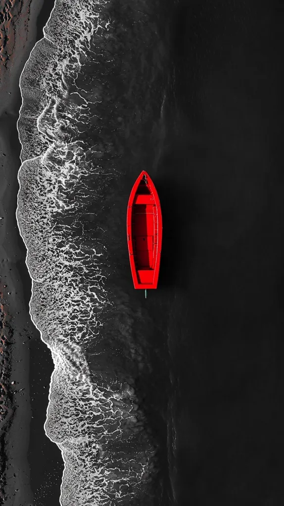 Here's a description of the image:

An aerial, high-angle shot showcases a vibrant red rowboat positioned centrally in the frame, afloat on dark, almost black water.  A wave, rendered in shades of gray and white, breaks along the left side of the image, creating a stark contrast against the dark water and the boat. The overall effect is a striking visual juxtaposition of color and texture, emphasizing the boat's isolation and the drama of the scene.  The dark background enhances the red of the boat, making it the clear focal point.