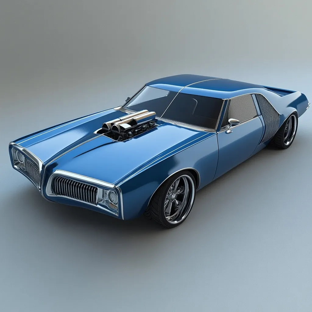 Here's a description of the image:

The image showcases a sleek, custom-built blue muscle car, rendered in a high-quality 3D model.  The car's design blends classic muscle car aesthetics with modern modifications.  Noticeable features include a prominent supercharger protruding through the hood, large, custom rims, and a low-slung body.  The background is a simple, neutral gray, ensuring the car is the focal point. The overall impression is one of power, speed, and customized style.