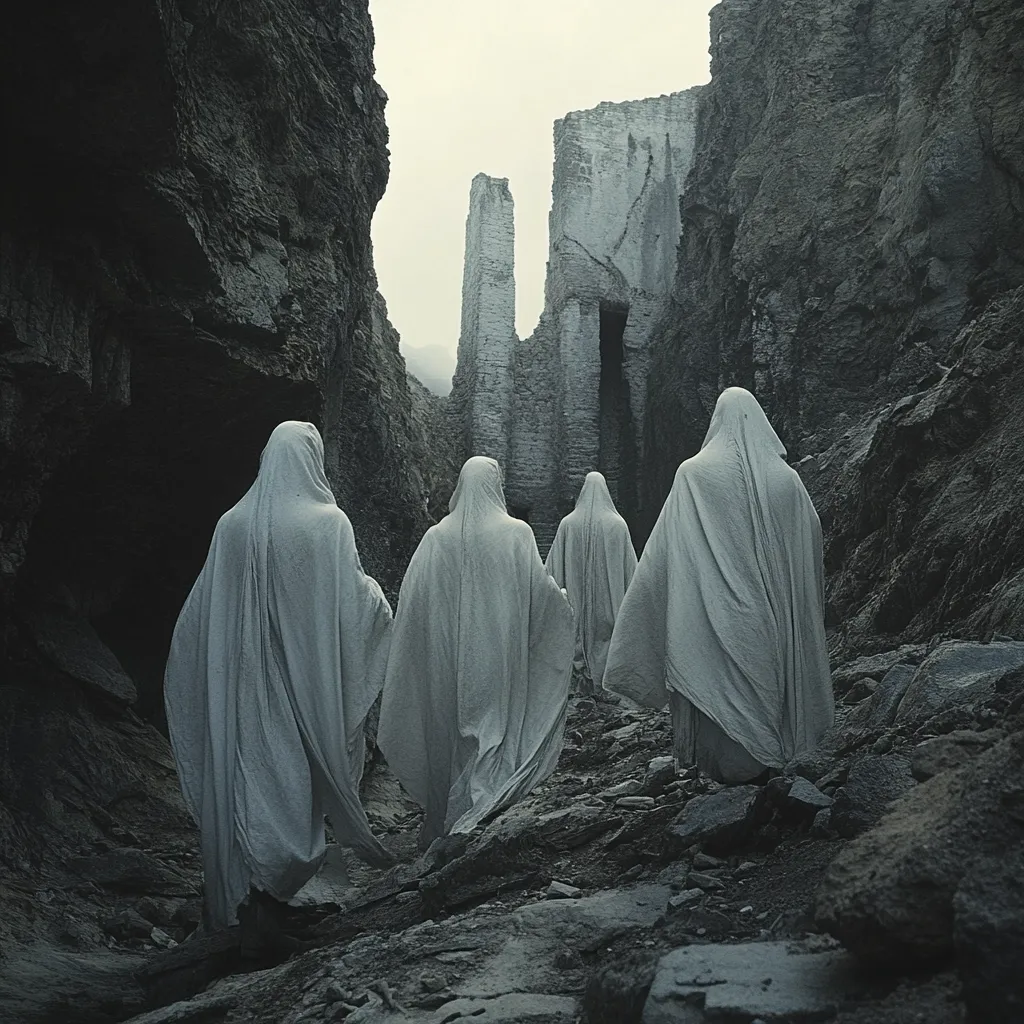 Here's a description of the image:

The photograph depicts four cloaked figures, their identities obscured by flowing, light gray robes that completely cover their bodies.  They walk single file through a desolate, rocky gorge, their backs to the viewer.  In the background, the ruins of a stone structure rise against a muted, gray sky, adding to the somber atmosphere.  The overall mood is eerie and mysterious, suggesting a sense of foreboding or pilgrimage. The stark color palette and the rough texture of the rocks intensify the feeling of isolation and desolation.