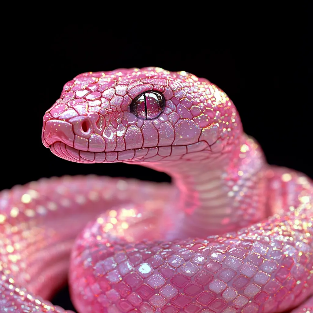 Close-up view of a pink snake, seemingly digitally enhanced or altered to have a sparkly, glittering texture.  Its scales are a light pink with iridescent highlights, giving it a fantastical appearance. The snake's head is slightly turned, revealing a pink eye with a darker, reflective pupil. The background is plain black, drawing all attention to the snake's vibrant and unusual coloring. The image has a surreal, almost artificial, quality due to the unrealistic texture and color.