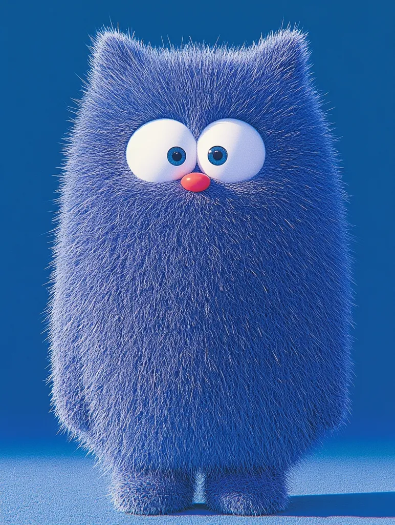Here's a description of the image:

The image shows a digitally rendered, cartoonish creature resembling a fluffy blue cat.  It's predominantly a vibrant blue, covered in long, textured fur that gives it a soft, plush appearance.  Its features are simplified: large, expressive round eyes with blue irises, and a small, red nose. The cat-like figure stands upright against a solid blue background, appearing friendly and somewhat curious. The overall style is cute and whimsical.
