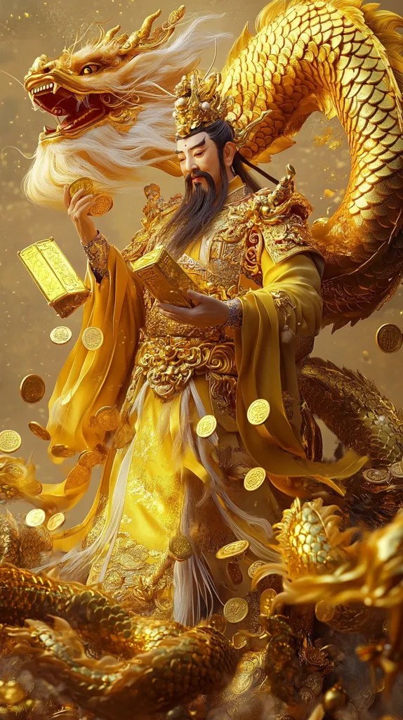 A majestic figure, possibly a deity or emperor, is depicted in opulent golden attire.  He holds golden ingots and coins rain down around him.  He is adorned with elaborate headwear and sits upon or amidst two golden dragons, their scales gleaming. The overall scene is one of immense wealth and power, rendered in striking detail with a focus on rich, golden hues. The artwork suggests a fantasy or mythological context, possibly from East Asian culture.