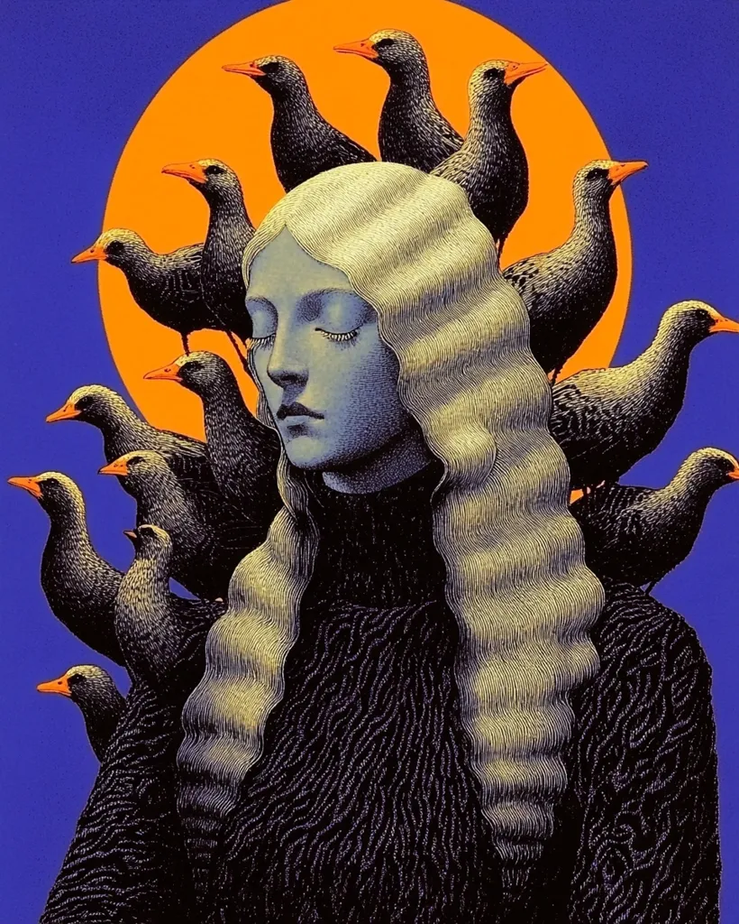 A woman with long, flowing blonde hair is the central focus of a stylized artwork.  She appears serene with her eyes closed, wearing a dark, textured turtleneck sweater.  Surrounding her head is a circle of dark birds, their orange beaks contrasting against the vibrant orange sun-like halo behind her. The overall style is reminiscent of Art Nouveau or a similar graphic art movement, with bold lines and striking color combinations of deep blue, orange, and black.  The image evokes a sense of mystery and quiet contemplation.