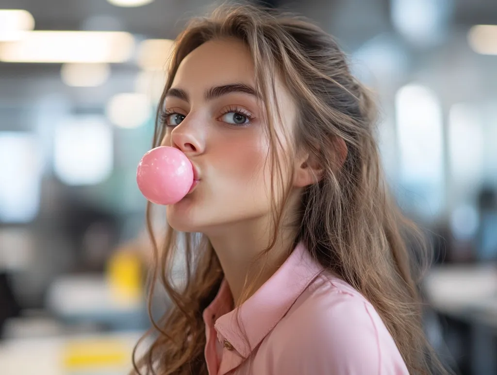 Here's a description of the image:

Close-up view of a young woman with long, light brown hair, partially pulled back.  She's wearing a pale pink collared shirt and has a large, perfectly round bubble of pink bubblegum inflated in her mouth.  Her expression is neutral, almost pensive, and she looks directly at the camera. The background is blurred, suggesting an office or indoor setting with muted colors and out-of-focus furniture and architectural details. The overall feeling is one of casual, candid portraiture.