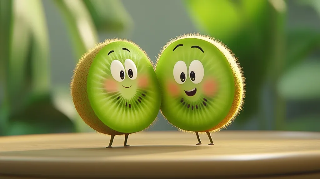 Two adorable cartoon kiwi fruit halves stand close together on a wooden surface.  They have large, expressive eyes, rosy cheeks, and tiny legs.  One kiwi has a smiling expression, while the other looks happy and slightly bashful. The background is blurred, showcasing a green, out-of-focus natural setting. The image is bright and cheerful, conveying a sense of friendship and happiness.