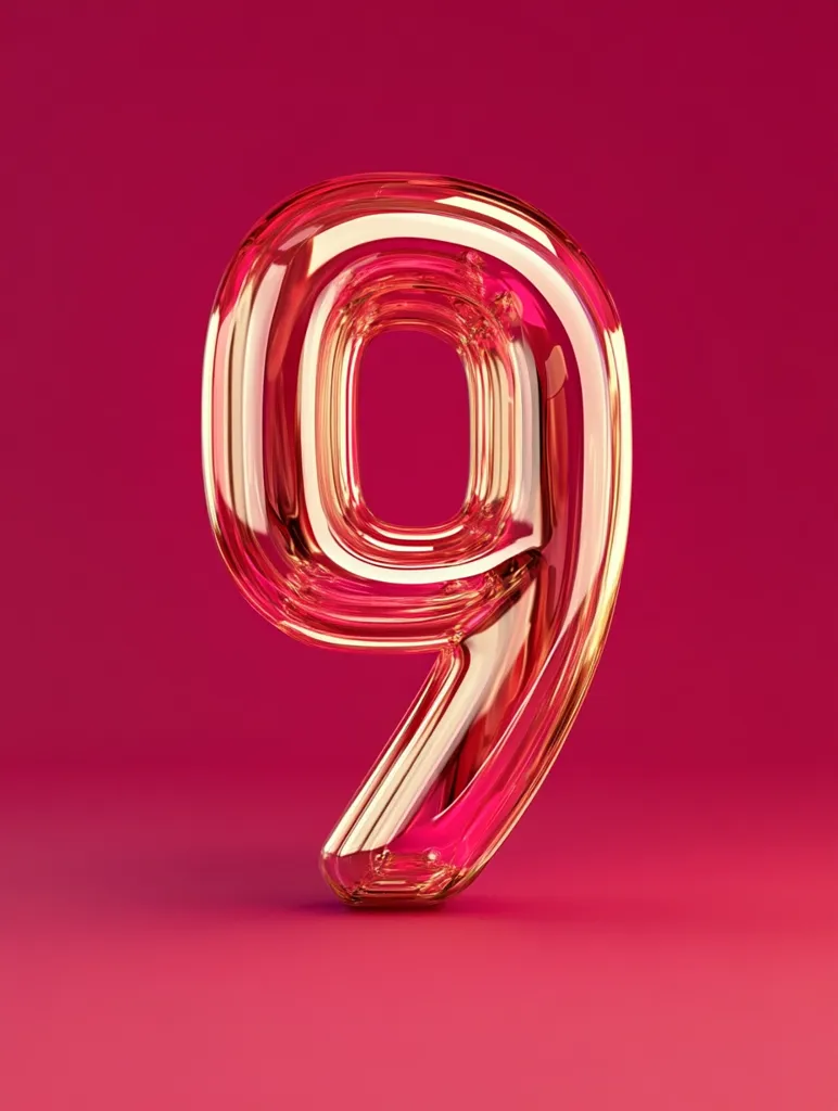 Here's a description of the image:

The image showcases a three-dimensional rendering of the number nine.  The "9" is depicted in a glossy, translucent material, possibly glass or resin, with a warm, amber-gold hue.  The number appears to be slightly curved or inflated, giving it a three-dimensional, almost inflated balloon-like appearance. The background is a solid, vibrant crimson or deep pink, providing a stark contrast to the golden number and enhancing its visual impact. The lighting is subtle, highlighting the reflective quality of the number's surface.