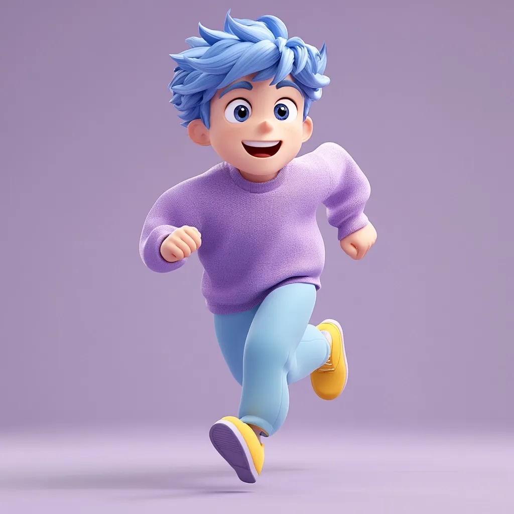 Here's a description of the image:

A 3D-rendered cartoon boy with vibrant blue spiky hair is depicted mid-stride, running energetically across a solid lavender background. He's dressed in a light purple sweater and pastel blue pants, accented with bright yellow sneakers.  His joyful expression, with a wide open smile and bright eyes, conveys a sense of cheerful movement and boundless energy. The overall style is playful and cartoonish, utilizing smooth, rounded forms typical of 3D animation.