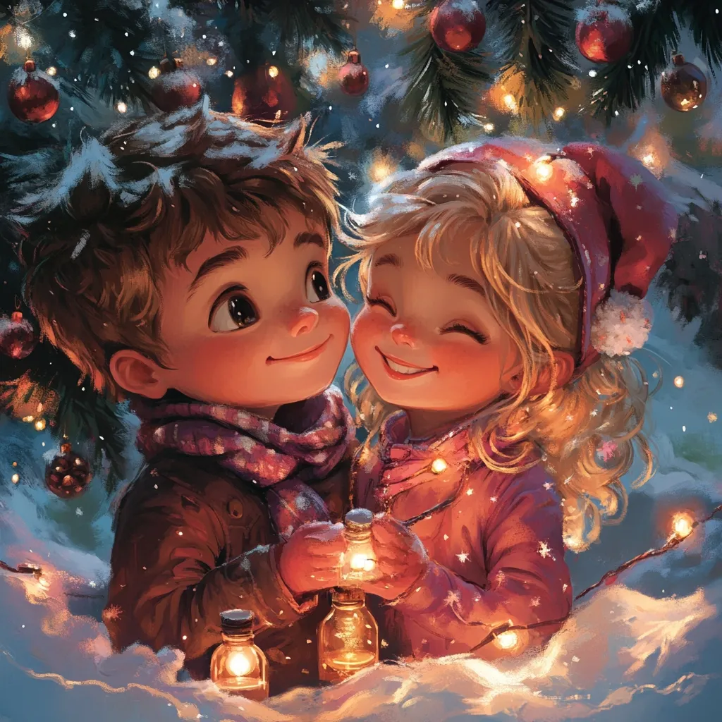 A digital painting depicts two adorable children, a boy and a girl, nestled under a Christmas tree adorned with twinkling lights and ornaments.  Snow gently falls around them.  The boy, with brown hair and a brown jacket, and the girl, with blonde hair and a pink coat, share a tender moment, holding small glowing bottles. Their expressions are joyful and sweet, capturing the magic of Christmas. The warm lighting and soft textures create a cozy and enchanting scene.