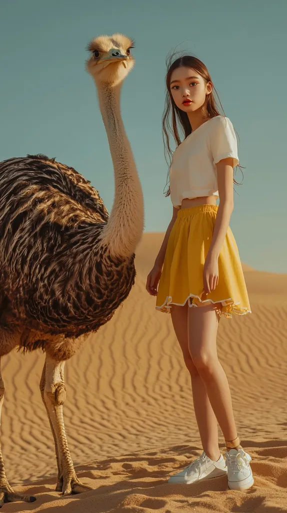 A young woman in a white top and yellow skirt stands next to an ostrich in a sandy desert.  The sun illuminates the scene, creating a warm, golden tone.  The woman's long brown hair flows down her back. She wears white sneakers. The ostrich stands calmly beside her, its long neck curved.  The overall mood is serene and slightly surreal.
