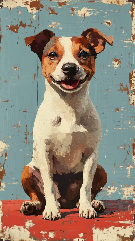 The painting depicts a Jack Russell Terrier, sitting on a red surface against a light blue background.  The style is painterly, with visible brushstrokes giving a textured, almost rustic feel. The dog is predominantly white with tan markings on its ears, legs, and face. It has a happy expression and appears relaxed. The background suggests a weathered, possibly wooden, surface, complementing the overall vintage aesthetic. The colors are muted and warm, creating a cozy and inviting scene.