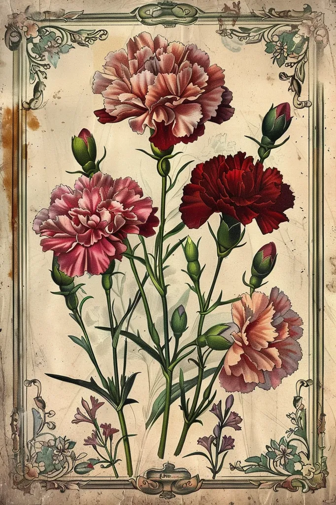 Here's a description of the image:

The image is a vintage-style botanical illustration featuring a cluster of carnations.  The carnations are depicted in varying shades of pink and deep red, with detailed rendering of their petals and stems.  Smaller, budding flowers and delicate greenery complement the main blooms. The artwork is framed by an ornate, antique-style border with flourishes and muted colors, suggesting a historical or antique aesthetic.  The background is a faded cream or beige, giving the piece a slightly aged, antique look. The overall style evokes a classic botanical print or a vintage greeting card.
