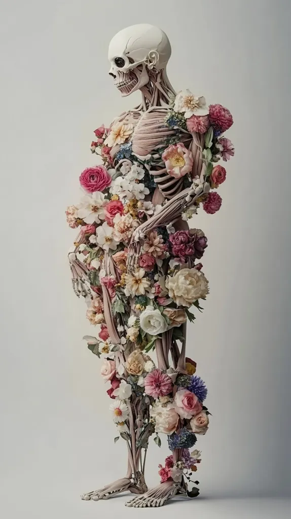 Here's a description of the image:

The image presents a striking juxtaposition of life and death. A realistic anatomical model of a human skeleton, showing muscles and bone structure, is completely covered in a profusion of vibrant flowers.  The flowers, in a variety of colors and types, fill every space between the bones and muscles, creating a surreal and beautiful effect.  The skeletal figure stands against a plain, light gray background, making the floral detail even more prominent. The overall impression is one of both fragility and resilience, beauty and decay, a poignant meditation on mortality.