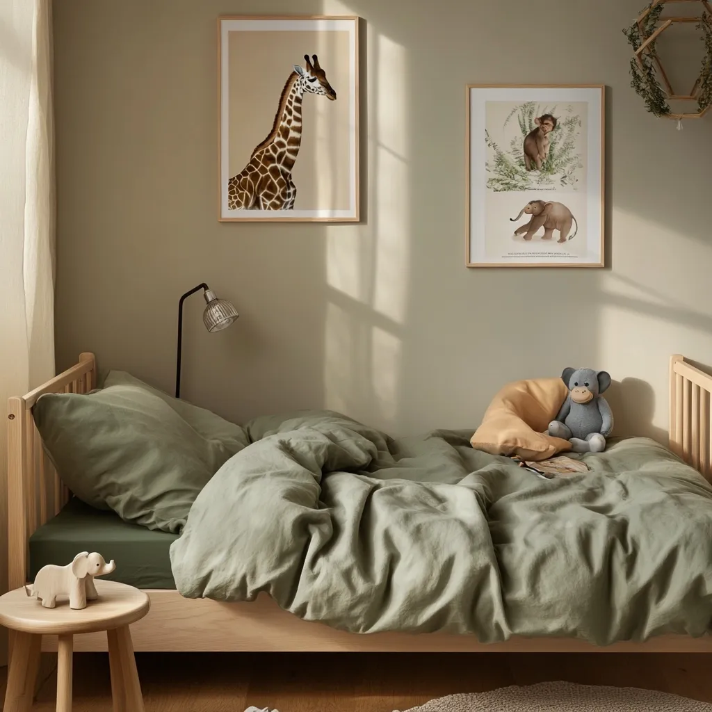 Here's a description of the image:

A child's bedroom, painted a muted sage green, features a light wood bed with olive-green linen bedding.  Two framed prints depicting African animals – a giraffe and a smaller piece showing a monkey and elephant – hang on the wall.  A small grey stuffed monkey sits on the bed, near a book. A simple wooden stool holds a small wooden elephant figurine.  The overall aesthetic is calm, minimalist, and nature-inspired.  Soft sunlight streams into the room, highlighting the textured walls and bedding.
