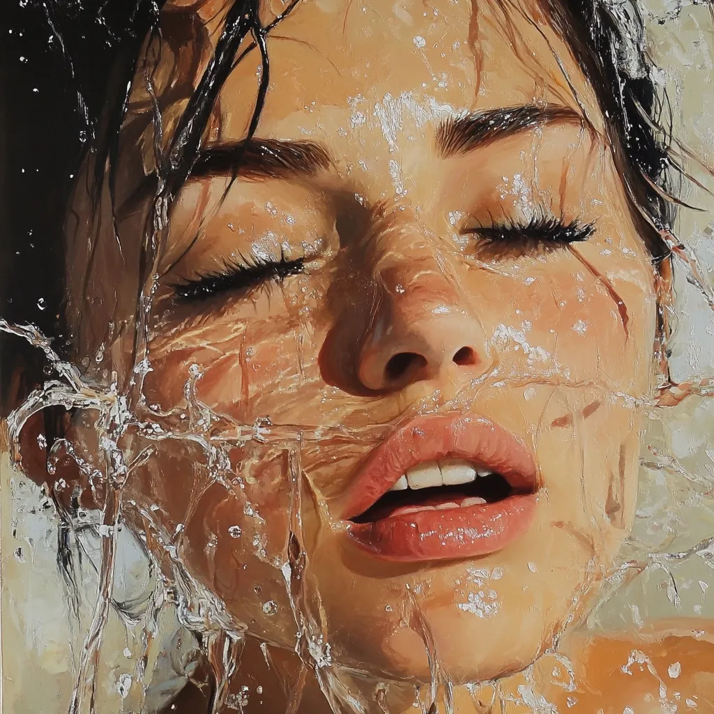 Here's a description of the image:

The painting is a close-up of a woman's face, her eyes closed, seemingly submerged in water.  Water droplets cling to her skin, highlighting her features—full lips slightly parted, and dark, expressive eyebrows. The light catches the water, creating a glistening effect. Her dark hair is wet and plastered to her face. The overall style is hyperrealistic, capturing the texture of both skin and water with incredible detail. The color palette is warm, with sunlit tones dominating the scene. The image evokes a sense of serenity and beauty.
