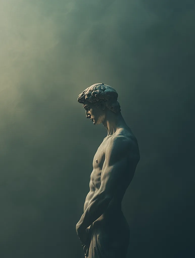 Here is a description of the image:

The image shows a sculpted, muscular male figure, possibly inspired by classical Greek statues.  The figure is rendered in a muted, teal-grey palette, giving it an antique, almost ethereal quality. He stands in profile, his head slightly bowed, suggesting a contemplative or melancholic mood. The background is a hazy, atmospheric dark grey-green that emphasizes the statue's form. The lighting is soft and diffused, highlighting the figure's musculature and creating a dramatic contrast between the figure and its background. The overall mood is somber and reflective.