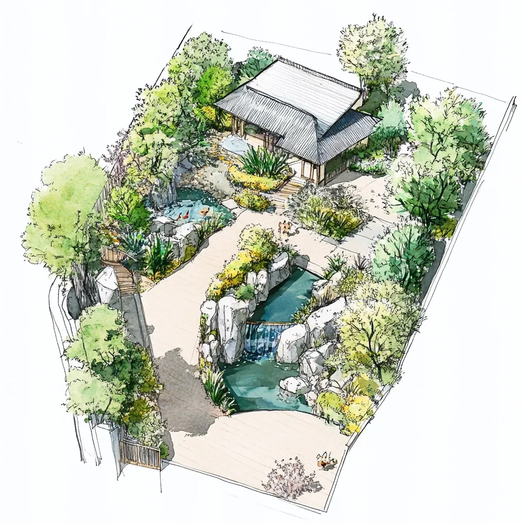Here's a description of the image:

The image is an artist's rendering of a Japanese-style garden design.  The perspective is an aerial view, showcasing a tranquil scene.  A central structure, a small house with a dark gray roof, sits amidst lush greenery.  The garden features multiple ponds, waterfalls cascading over rocks, and winding pathways.  Mature trees and meticulously placed shrubs create a sense of serenity and order.  The style is a blend of watercolor and pen-and-ink, with delicate lines and soft color washes.  The overall impression is one of peaceful contemplation.