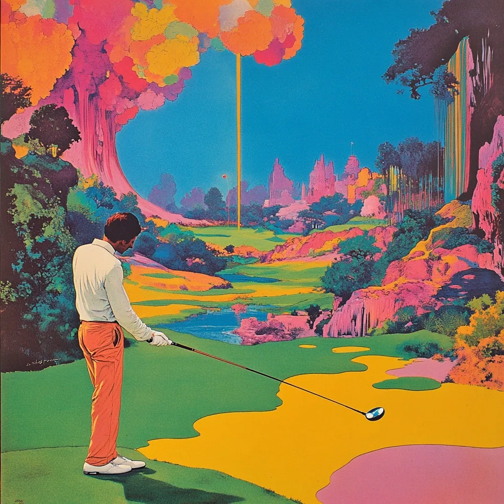 Here is a description of the image:

A vibrant, psychedelic illustration depicts a golfer on a surreal golf course.  The golfer, in orange pants and a white shirt, prepares his shot. The course is a fantastical landscape of bright greens, yellows, and pinks, with oddly shaped trees, waterfalls, and a distant, castle-like structure.  A bright yellow beam of light shoots from the sky. The overall style is reminiscent of 1970s art, with saturated colors and an otherworldly atmosphere.