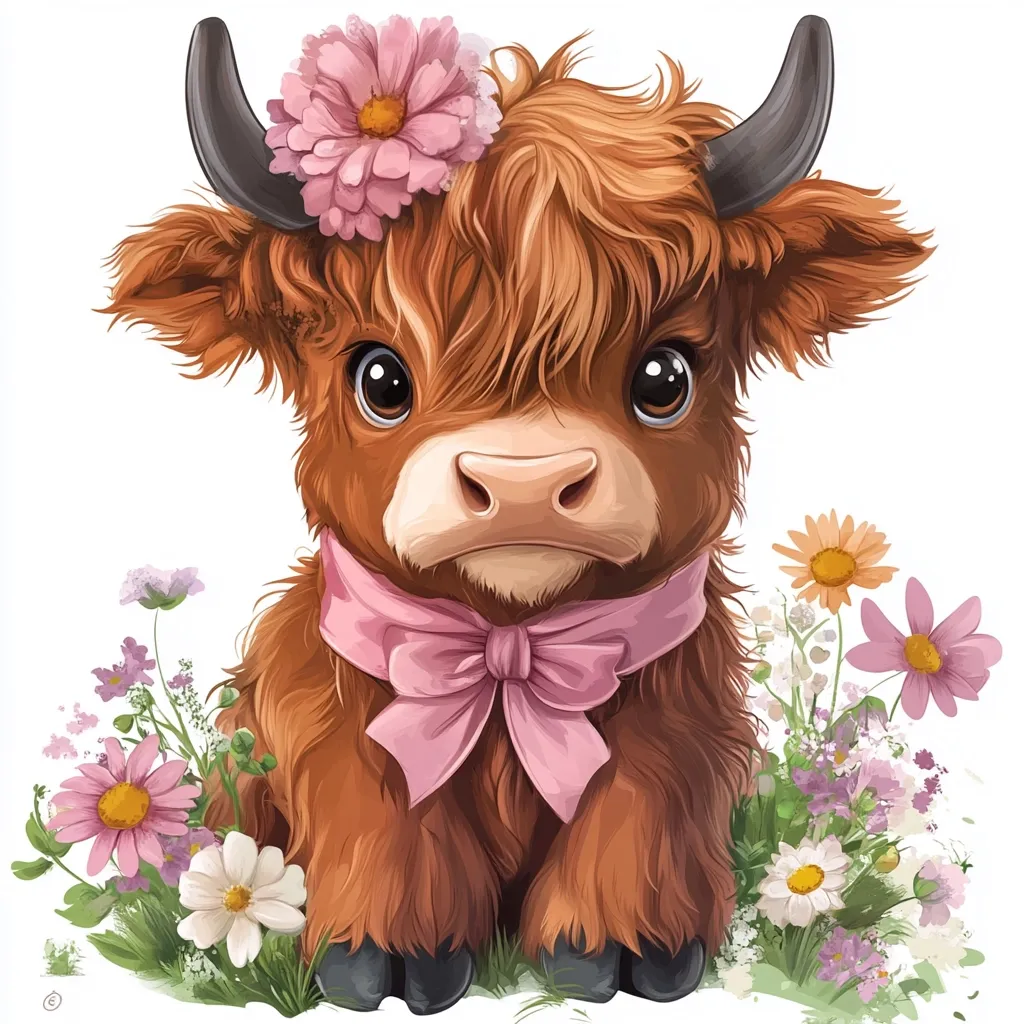Here's a description of the image:

The illustration showcases a charming, cartoonish Highland calf, seated amidst a vibrant array of wildflowers.  Its rich, reddish-brown fur is luxuriously textured, and its large, expressive eyes convey a sweet, gentle nature.  A delicate pink bow adorns its neck, complementing a pink flower crown resting on its head. The calf's pose is calm and inviting, enhancing its overall adorable appeal. The background features a soft, watercolor-like effect, blending the flowers seamlessly with the calf and creating a harmonious, picturesque scene.