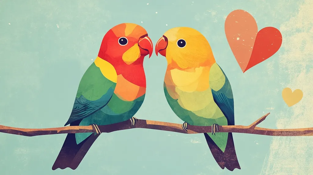 Here's a description of the image:

The artwork depicts two lovebirds perched on a branch against a pale teal background.  The birds are stylized with bold, geometric shapes and vibrant colors; one is predominantly red and orange, the other yellow and green. They are positioned facing each other, their beaks almost touching, suggesting affection.  In the background, there's a large, two-toned heart and a smaller, pale yellow heart, reinforcing the theme of love and romance. The overall style is modern and slightly abstract, with a vintage-inspired texture to the background.
