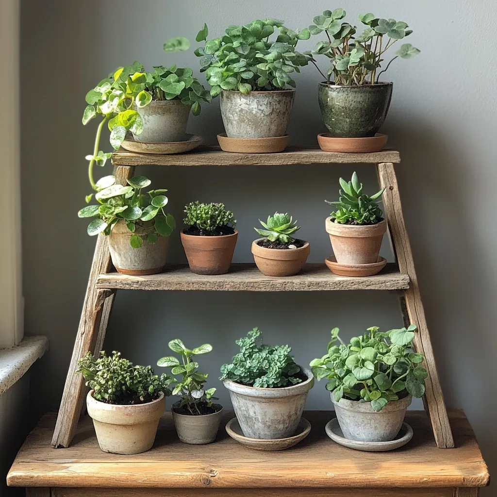 Here's a description of the image:

A rustic wooden two-tiered shelf holds a charming collection of potted plants.  Various succulents and leafy greens in different shades of green are arranged in small, earthy-toned pots.  The pots are a mix of materials and styles, adding to the overall eclectic yet cohesive feel. The shelf itself appears weathered and adds to the image's cozy, homey atmosphere. The plants are beautifully displayed against a muted sage green wall, enhancing their vibrant green hues.  The overall scene is peaceful and suggests a love for indoor gardening.