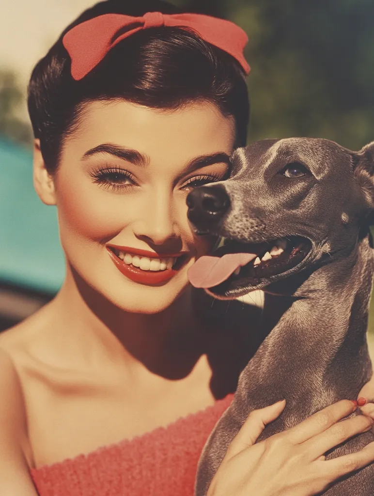 Here's a description of the image:

Close-up view of a woman with dark, styled hair and a vibrant red bow in her hair. She's wearing a coral-colored sleeveless top and has a classic, pin-up-style makeup look.  Her expression is warm and affectionate as she embraces a greyhound-type dog, which rests its head against her shoulder.  The dog's tongue is slightly protruding. The overall aesthetic is reminiscent of vintage photography or a pin-up calendar, with soft, warm lighting and a slightly faded or vintage filter applied. The background is blurred, suggesting an outdoor setting.