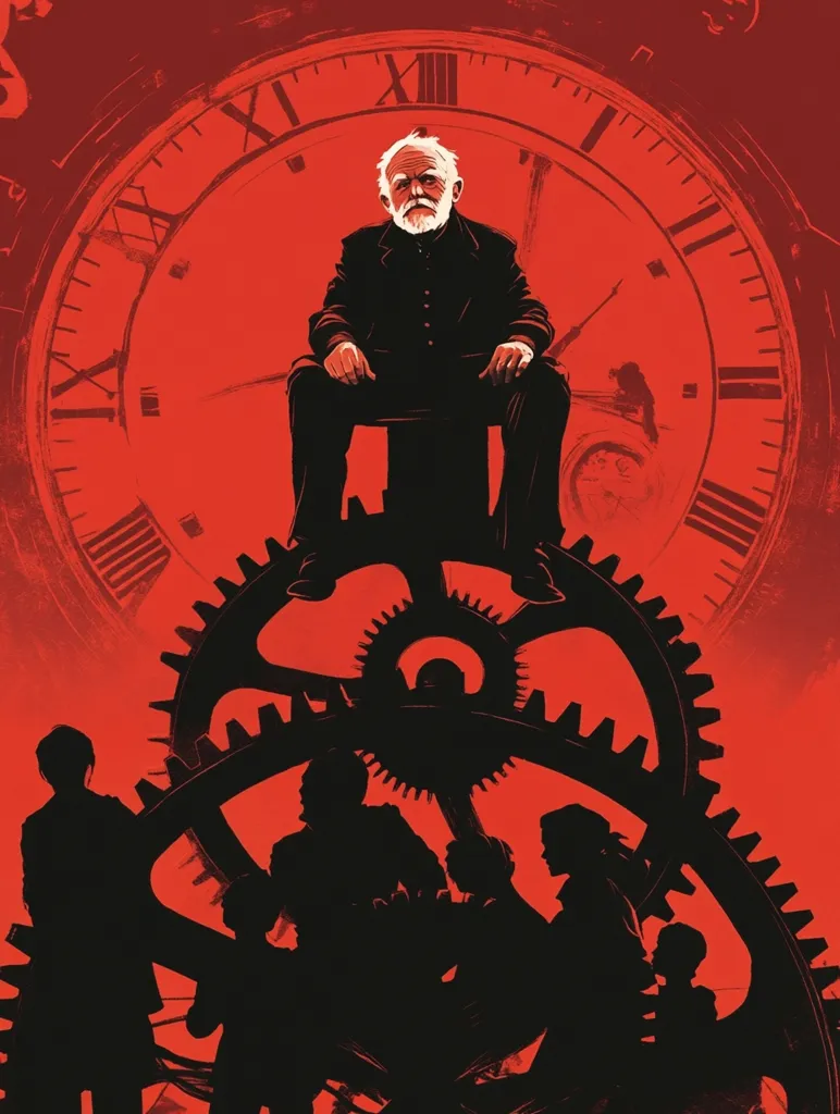 The image is a stylized depiction, possibly for a book cover or poster.  A stern, older man with a white beard sits atop a large clockwork mechanism against a fiery red background.  The clock dominates the upper portion, its Roman numerals stark against the intense color.  Below, shadowy figures, possibly representing a group of people, are silhouetted within the interlocking gears, creating a sense of being caught within the machinery of time. The overall mood is dark, serious, and possibly allegorical.