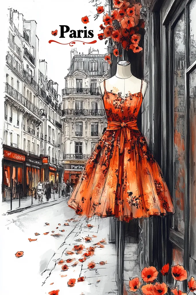 A vibrant watercolor painting depicts a Parisian street scene.  A mannequin displays a flowing, orange dress adorned with a floral pattern, positioned outside a shop.  Red poppies, scattered on the ground and cascading from a window box above, complement the dress's hue. The background showcases classic Parisian architecture, sketched in grayscale, creating a striking contrast with the colorful dress and flowers. The word "Paris" is elegantly scripted above the scene, adding to the overall romantic and fashionable aesthetic.