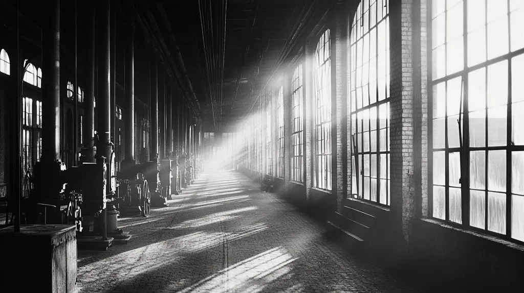 Here's a description of the image:

The black and white photograph depicts a long, cavernous industrial hallway, possibly within a power plant or factory.  Sunlight streams through tall, narrow windows lining one side, casting dramatic streaks of light and shadow across the brick floor and aged machinery.  Rows of large, dark industrial equipment, possibly engines or pumps, are positioned along the opposite wall, their details obscured in the low light. The overall atmosphere is one of aged grandeur and quiet industrial power.  The image's contrast and composition emphasize the contrast between light and shadow, and the scale of the space.