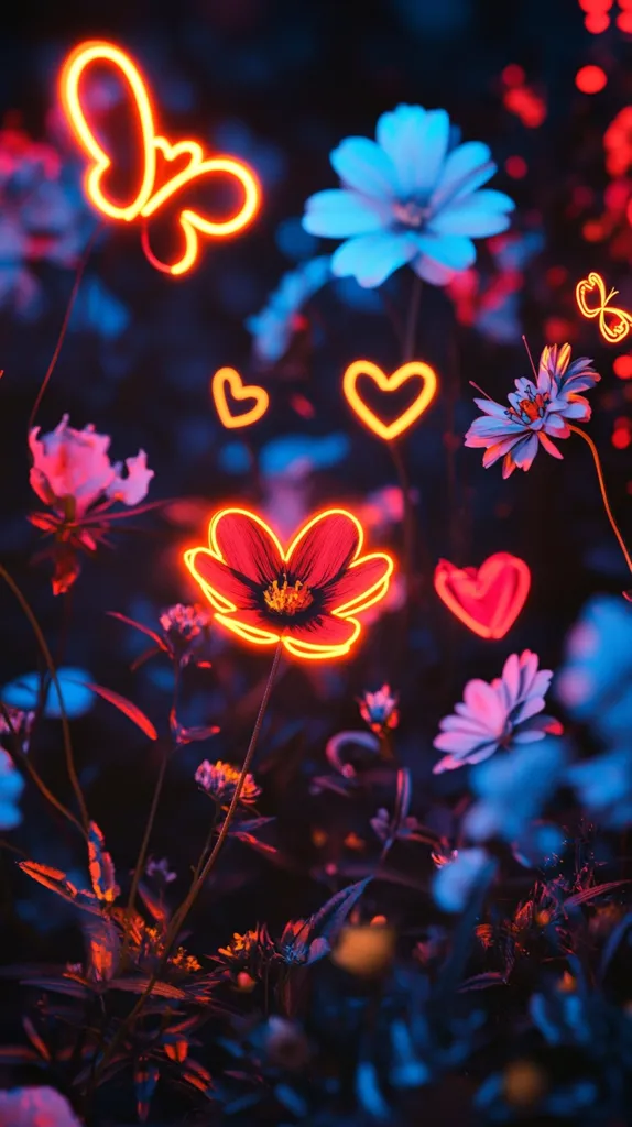 Here's a description of the image:

The image is a vibrant, surreal depiction of a garden at night.  Flowers in shades of blue and red are illuminated, appearing almost neon.  Overlaid on the scene are glowing orange outlines of butterflies and hearts, creating a whimsical, romantic atmosphere.  The overall effect is dreamlike and fantastical, with a focus on contrasting colors and the juxtaposition of nature and artificial light. The dark background enhances the brightness of the flowers and neon shapes.