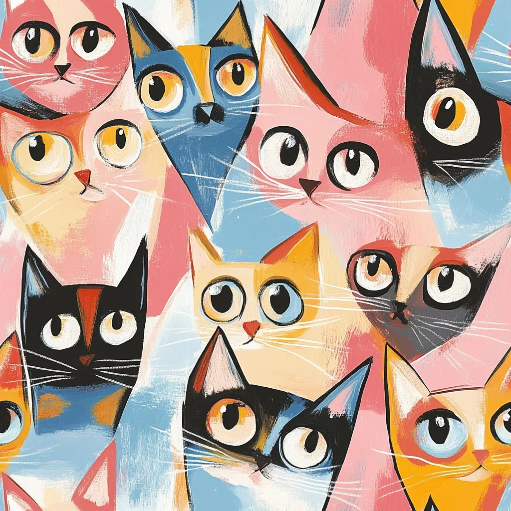 Here's a description of the image:

The image is a vibrant, stylized painting of a multitude of cats, overlapping and intermingled.  The cats are depicted in a playful, almost abstract manner, with bold colors and exaggerated features.  Their eyes are large and expressive, and their bodies are rendered with loose brushstrokes, creating a sense of movement and energy.  The color palette is bright and cheerful, with pinks, blues, oranges, and blacks dominating. The overall style is reminiscent of modern art, with a focus on color and form over photorealism.