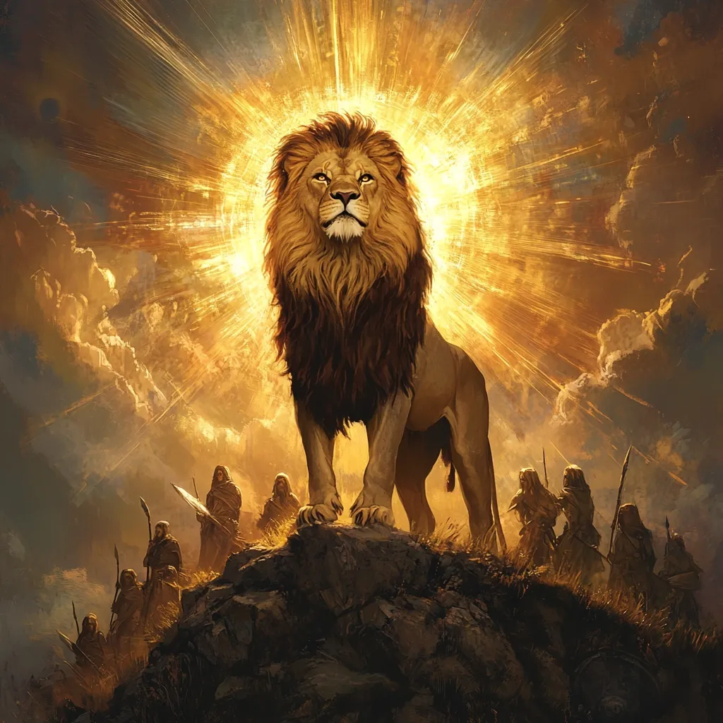 A majestic lion, bathed in radiant golden light, stands atop a rocky hill.  Its powerful presence dominates the scene, radiating divine energy. Below, a group of figures, possibly warriors or followers, stand in awe, spears held at their sides.  The dramatic sky, filled with swirling clouds, enhances the epic and spiritual feel of the artwork, suggesting a powerful, possibly religious, theme. The lion appears as a symbol of strength, majesty, and possibly even divinity.