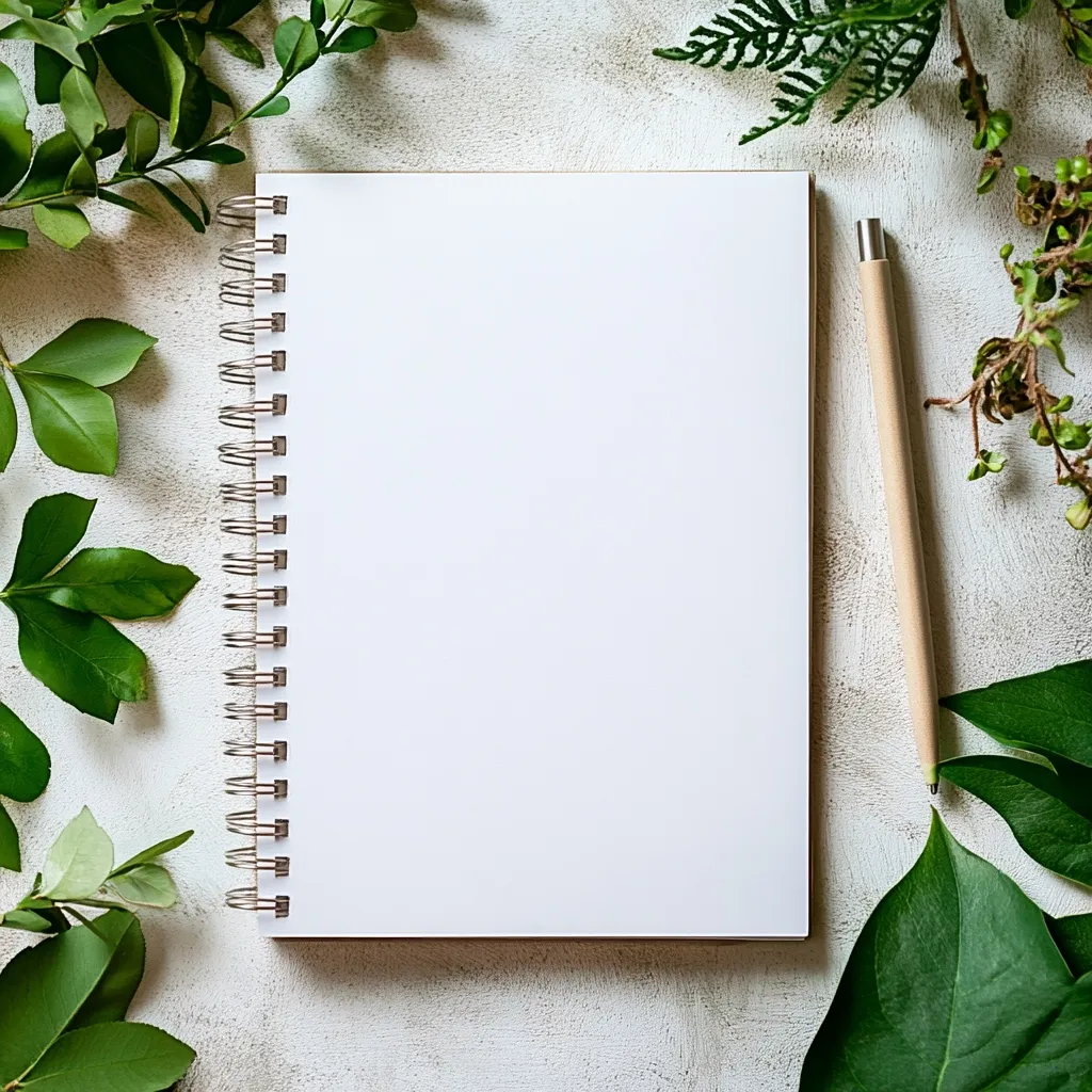 Here's a description of the image:

A blank, spiral-bound notebook lies flat on a light gray textured surface, surrounded by lush green foliage.  A light brown pen rests to the right of the notebook. The leaves vary in shape and size, creating a natural border around the stationery.  The overall composition is clean, minimalistic, and evokes a feeling of calm and creativity. The scene suggests a space for writing, journaling, or planning.