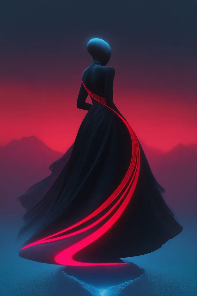 The image showcases a stylized female figure, viewed from behind, adorned in a flowing black gown.  A vibrant, neon-red streak of light forms a striking design element, interwoven with and trailing from the dress. The figure's head is smooth and rounded, almost helmet-like. The background features a dramatic, crimson-hued landscape of hazy mountains, creating a stark contrast with the cool blue foreground where the figure stands. The overall aesthetic is futuristic and otherworldly.