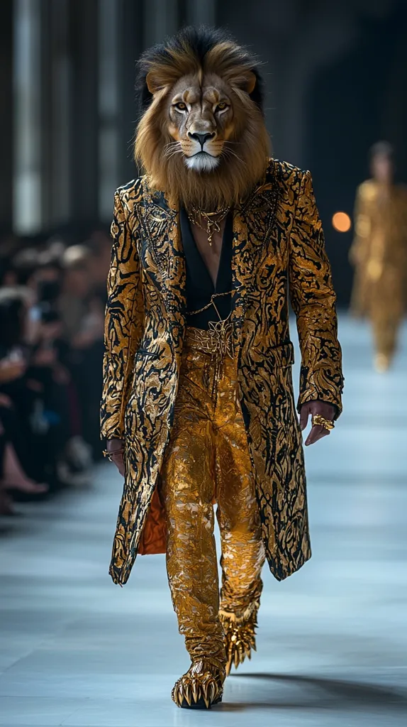 A fashion model, seemingly a lion's head digitally superimposed onto a human body, struts down a runway.  The model wears an ornate gold and black brocade long coat and matching trousers, accessorized with gold jewelry and striking gold boots with claw-like details.  The background is blurred, showcasing a runway setting with spectators. The overall impression is one of regal extravagance and surreal fantasy.