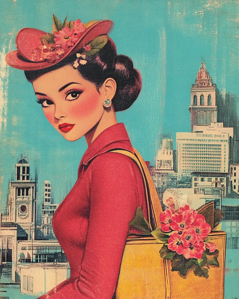 A stylized illustration of a woman in a red dress and a pink hat, adorned with flowers. She carries a yellow handbag with a bouquet of pink flowers peeking out.  The backdrop is a vibrant teal, featuring a cityscape reminiscent of San Francisco, with iconic buildings visible in the background.  The style suggests mid-20th-century pin-up art or advertising. The overall impression is one of retro charm and elegance.