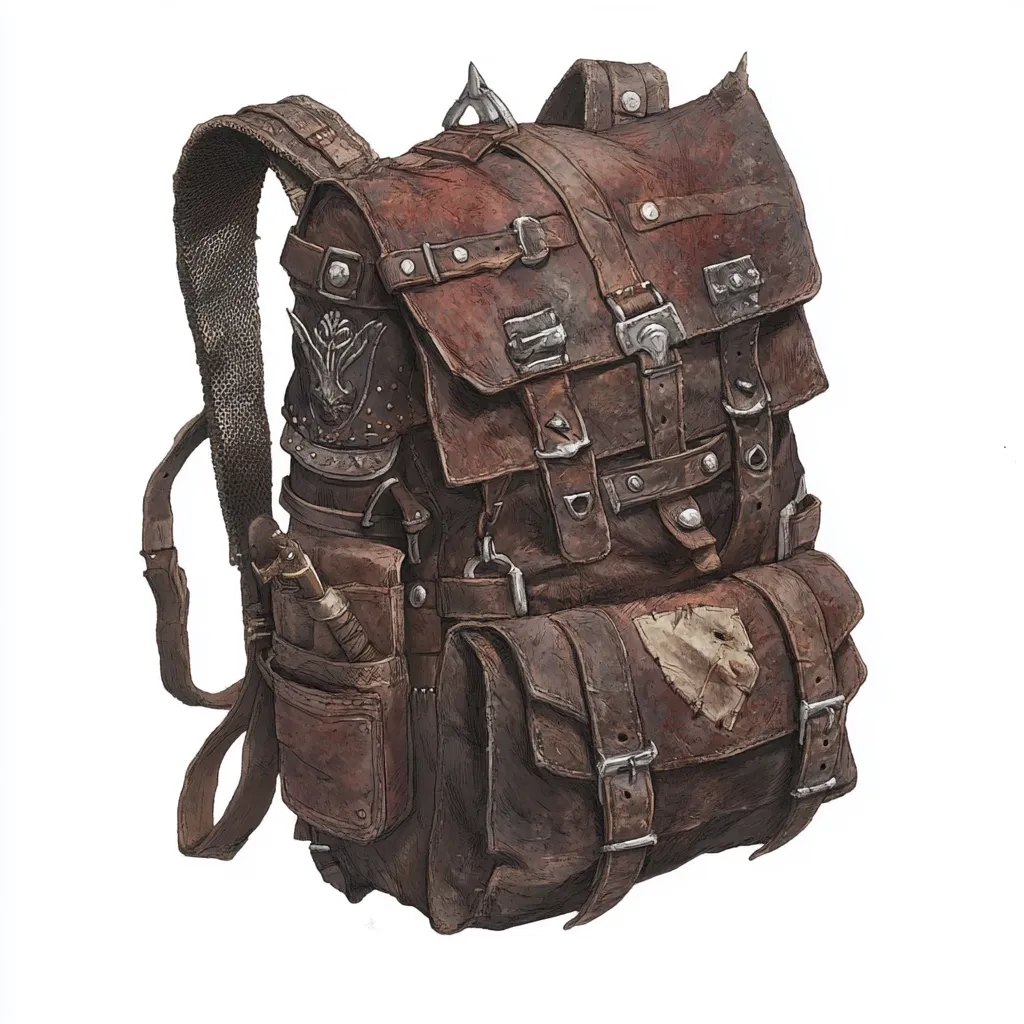 Here's a description of the image:

The illustration depicts a large, worn leather backpack, seemingly crafted for rugged use.  The bag is heavily textured, showcasing signs of significant wear and tear, with scuffs and patches visible.  Numerous straps, buckles, and metal accents adorn its surface, adding to its aged and weathered appearance.  A knife is sheathed in a side pocket, enhancing the impression of a traveler's or adventurer's pack. The overall style suggests a medieval or fantasy setting.  The color palette is muted browns and tans, consistent with aged leather.