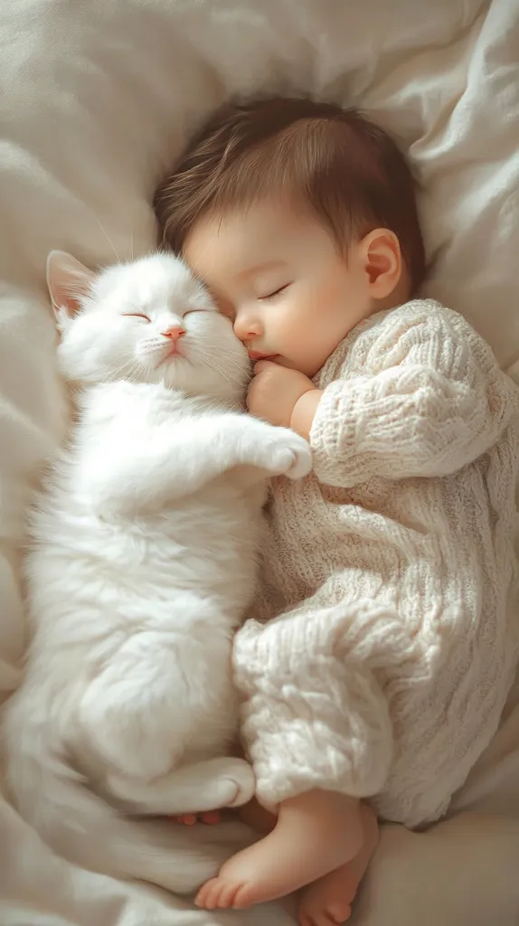 A heartwarming image depicts a peaceful scene of a baby and a kitten sleeping soundly together.  The baby, dressed in a cream-colored knitted onesie, snuggles close to a fluffy white kitten. Both are nestled on soft bedding, their eyes closed in slumber. The soft lighting and muted colors create a serene and tender atmosphere, emphasizing the gentle bond between the infant and the animal. The overall feeling is one of tranquility and innocent affection.
