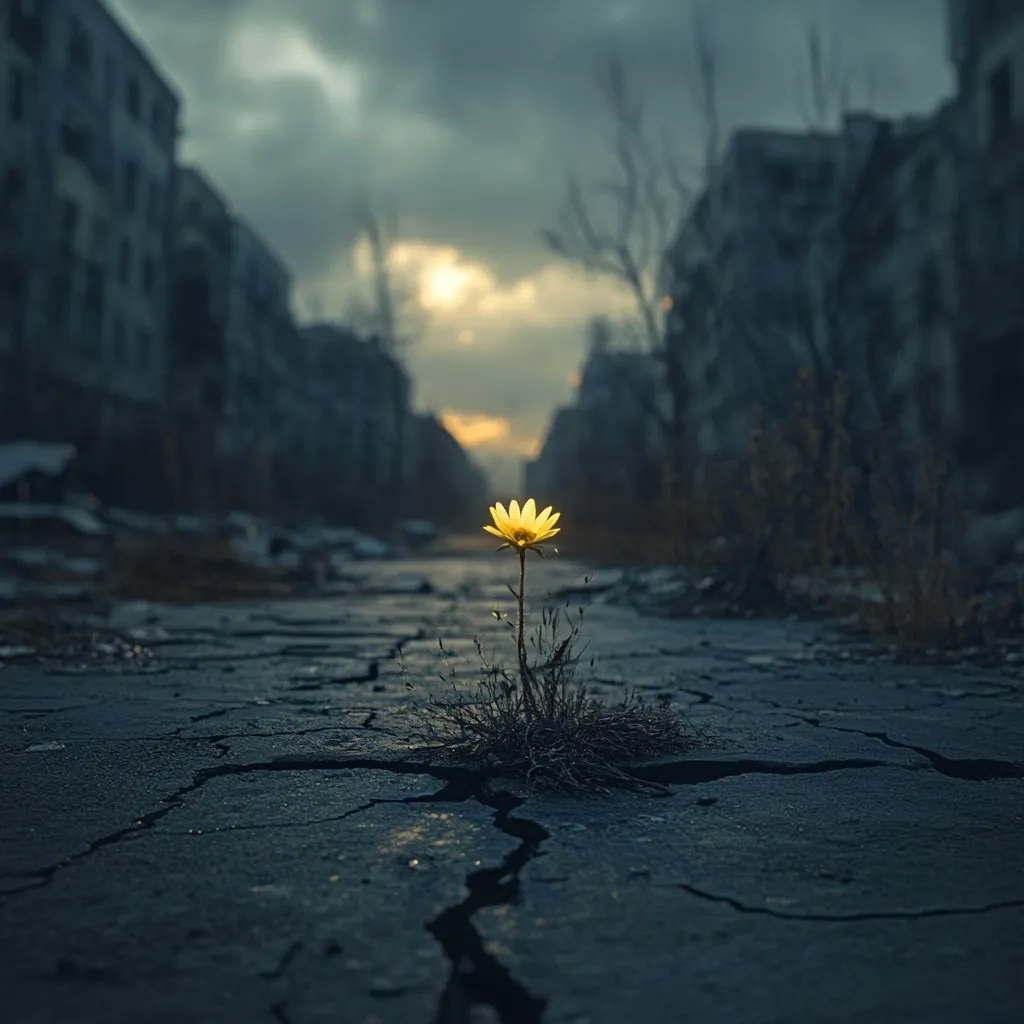 A single, luminous yellow flower bravely pushes through a crack in the desolate, cracked pavement of a ruined city street.  The background is a somber tableau of dilapidated buildings and a dark, overcast sky.  The flower's bright color contrasts sharply with the grey, suggesting resilience and hope amidst destruction. The setting sun casts a muted light, emphasizing the flower's tenacity in the post-apocalyptic scene.