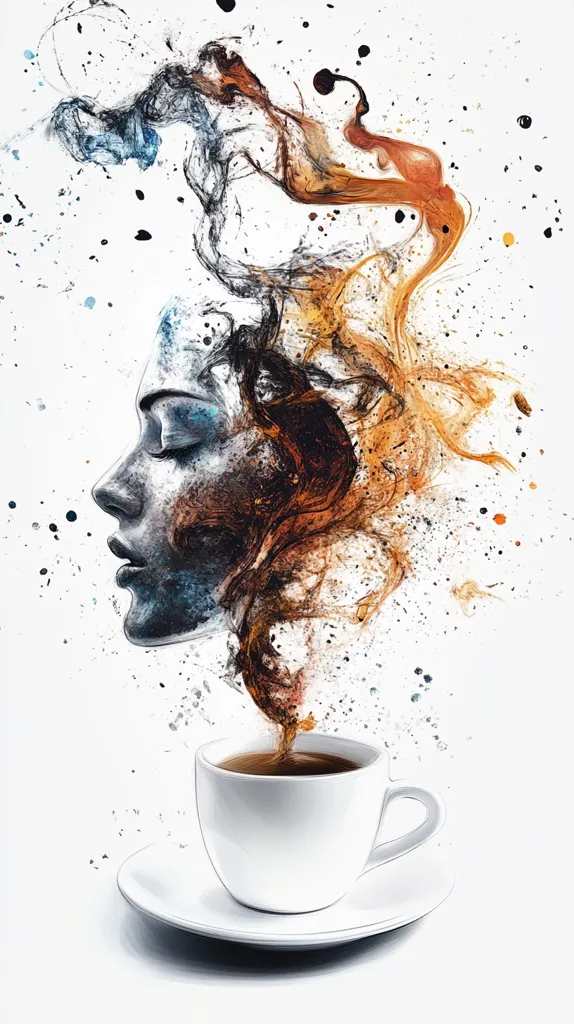 Here's a description of the image:

The artwork is a surreal depiction of a woman's face seemingly dissolving into a swirling cloud of coffee-like hues.  The colors are predominantly dark browns, oranges, and blues, splattered and blended with a smoky effect, creating a sense of movement and transformation. The woman's face, rendered in a painterly style with visible brushstrokes, is serene and contemplative, her eyes closed. This ethereal form rises from a white coffee cup sitting on a saucer, suggesting a connection between the woman and the beverage. The overall impression is one of dreamlike beauty and subtle mystery, perhaps exploring themes of transformation, essence, or the awakening of the senses.