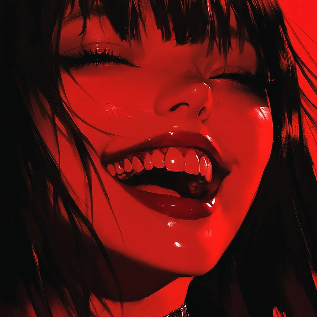 Here's a description of the image:

The image is a close-up digital painting or rendering of a stylized female face, dominated by a vibrant, almost blood-red color palette. The woman has dark hair with blunt bangs that partially obscure her eyes, which are closed in a blissful expression.  Her mouth is open in a wide, exaggerated grin revealing numerous teeth.  The rendering style is smooth with a glossy effect on her lips and skin, lending a surreal and slightly uncanny quality to the portrait. The overall mood is intense and dramatic.