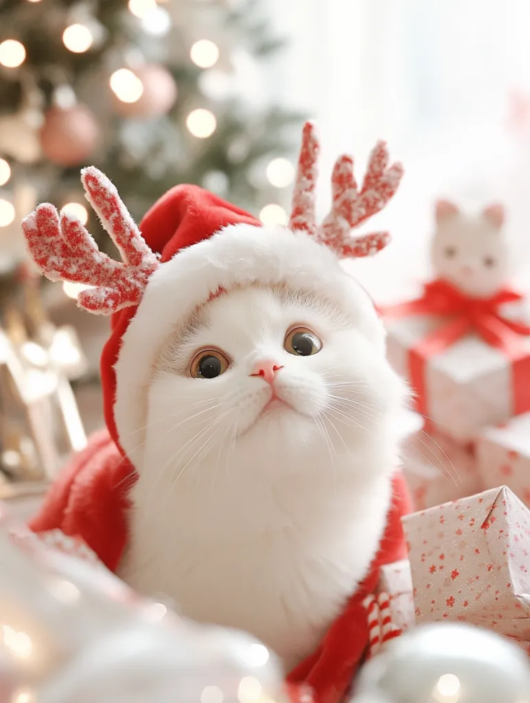 A fluffy white cat, adorably dressed in a red Santa hat and reindeer antlers, is the centerpiece of a Christmas scene.  The cat gazes upward with wide, curious eyes.  Surrounding it are blurred Christmas lights, a decorated Christmas tree, and festively wrapped presents. The overall impression is one of warmth, cheer, and holiday charm.