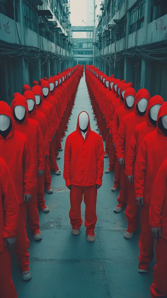 A long line of figures in identical red hooded jumpsuits and blank white masks fills a narrow, decaying urban alleyway.  The figures are uniformly spaced, creating a visually striking and somewhat unsettling effect. A single figure stands in the foreground, central to the composition, mirroring the anonymous mass. The teal-toned alley suggests a dystopian or oppressive atmosphere. The overall image conveys a sense of conformity, anonymity, and potential societal control.