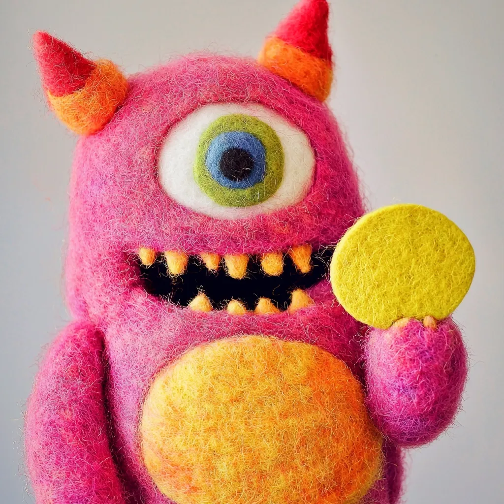 Here's a description of the image:

A whimsical, needle-felted monster is the focus, boasting bright pink fur, orange horns, and a single, large eye composed of green, blue, and black felt. Its mouth is filled with small, yellow teeth, adding to its playful yet slightly menacing appearance.  The monster holds a round, yellow felt disc, which seems almost like a coin or a small decorative item. Its belly is a contrasting bright orange-yellow. The overall texture is fluffy and the colors are vibrant and saturated, creating a cheerful and unique piece of artwork.