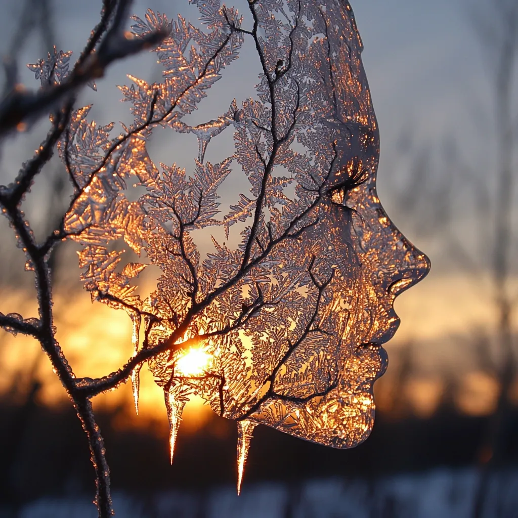 Here is a description of the image:

A stunning image showcases a frost-covered branch, its intricate icy patterns forming the silhouette of a woman's face in profile.  The setting sun casts a warm golden glow through the delicate ice crystals, creating a beautiful contrast between the cool winter scene and the vibrant light. Icicles hang from the branch, adding to the overall ethereal and artistic quality of the photograph.  The background is softly blurred, focusing attention on the unique ice sculpture. The overall impression is one of serene beauty and the captivating power of nature's artistry.