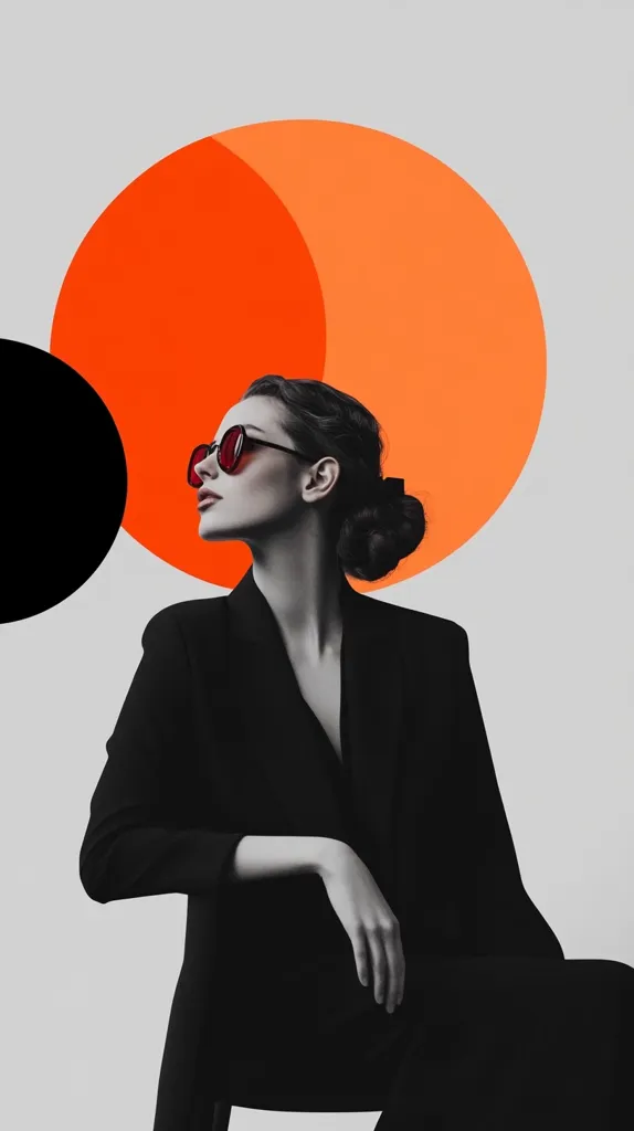 A stylish monochrome portrait of a woman in a black blazer, wearing red sunglasses. She is positioned against a backdrop of large, contrasting circles in shades of orange and black. Her hair is neatly pulled back, and her pose is sophisticated and poised. The image employs a bold color contrast and graphic design elements creating a modern, artistic feel. The overall aesthetic is chic and contemporary.