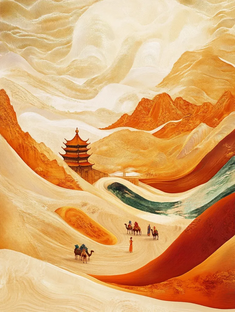 The artwork depicts a serene desert landscape in warm, earthy tones.  Swirling sand dunes in shades of beige, orange, and red dominate the scene, punctuated by a small, elegant pagoda nestled in the beige hills.  A caravan of camels, carrying riders in traditional clothing, traverses the dunes, making their way towards the pagoda.  A lone figure stands in the foreground, adding a sense of scale and solitude to this peaceful, almost dreamlike, desert oasis. The style is reminiscent of traditional East Asian art, with a focus on flowing lines and subtle color gradations.