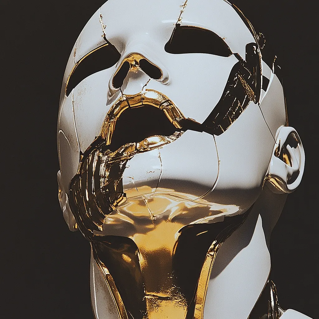 Here's a description of the image:

The image showcases a close-up of a stylized robotic head, predominantly white with gold accents.  The head appears fragmented, with visible cracks and seams, suggesting damage or a deliberate design choice.  The gold detailing is concentrated around the jaw and neck, creating a contrast with the matte white surface. The robot's face is expressive, its mouth open in a silent scream or gasp, conveying a sense of vulnerability or distress despite its mechanical nature.  The dark background emphasizes the head's detailed features and metallic sheen. The overall aesthetic blends futuristic elements with a hint of decay or deconstruction.