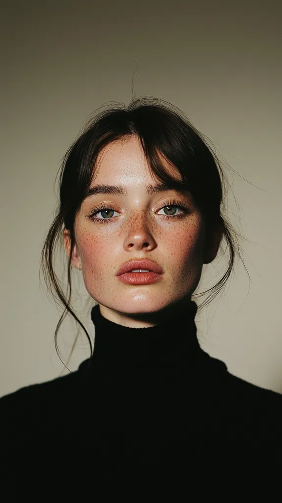 Close-up portrait of a young woman with shoulder-length brown hair, styled with a center part and loose, slightly tousled strands framing her face.  She has fair skin, light freckles, and striking green eyes.  Her makeup is subtly applied, emphasizing her natural beauty.  She wears a simple, black turtleneck sweater, creating a minimalist yet captivating image.  The lighting is soft and muted, casting a gentle glow on her face.